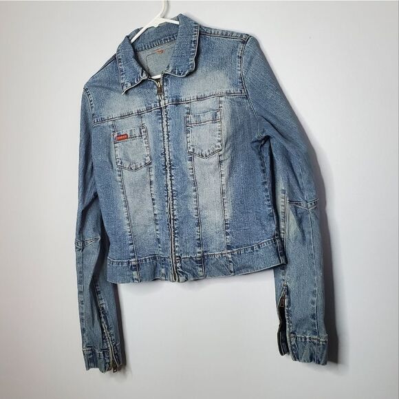 Guess L Jean Jacket Vintage Stretch Denim Light Blue Acid Wash Zip Up - Picture 1 of 16